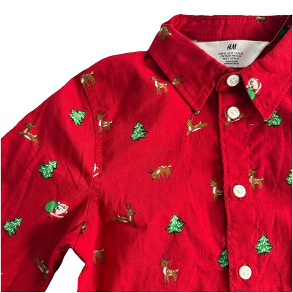 Toddler Boys H&M Christmas Reindeer Xmas Trees Pattern Shirt Red Size 2T NEW - Picture 5 of 5